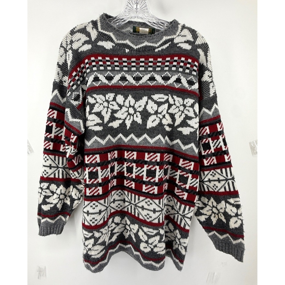 Vintage Dana Scott Floral Geometric Knit Sweater Large USA Made Cottagecore